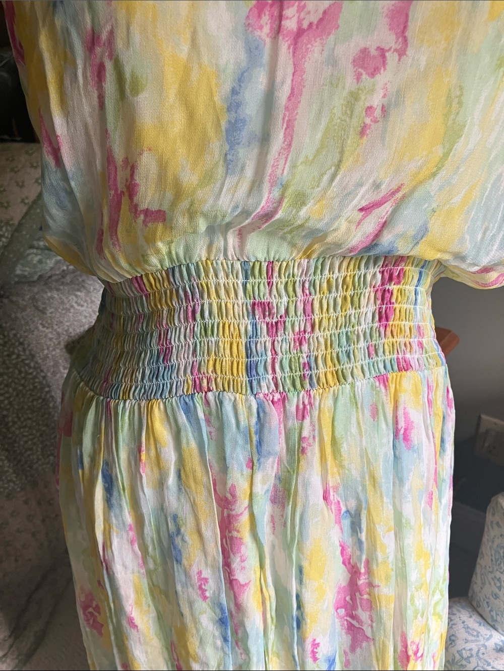 Anthropologie Pastel Watercolor Dress Yellow Pink Blue Green no tassel 14 - Picture 5 of 13